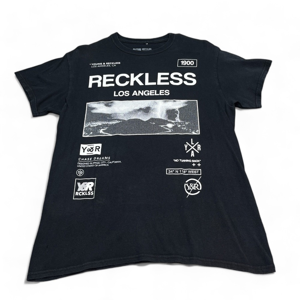 Y2K Young Reckless YR T Shirt Mens Size Medium Black Big Logo Streetwear Tee